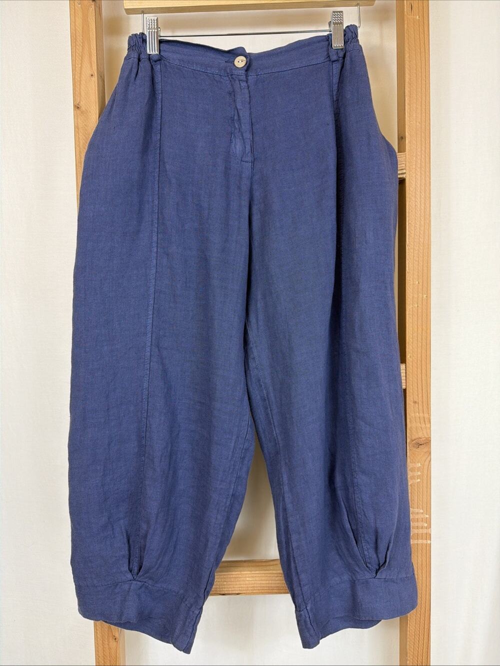 NWT Lands Downunder Blue Stretchy Waist Linen Crop Harem Pants #1392 Size LG
